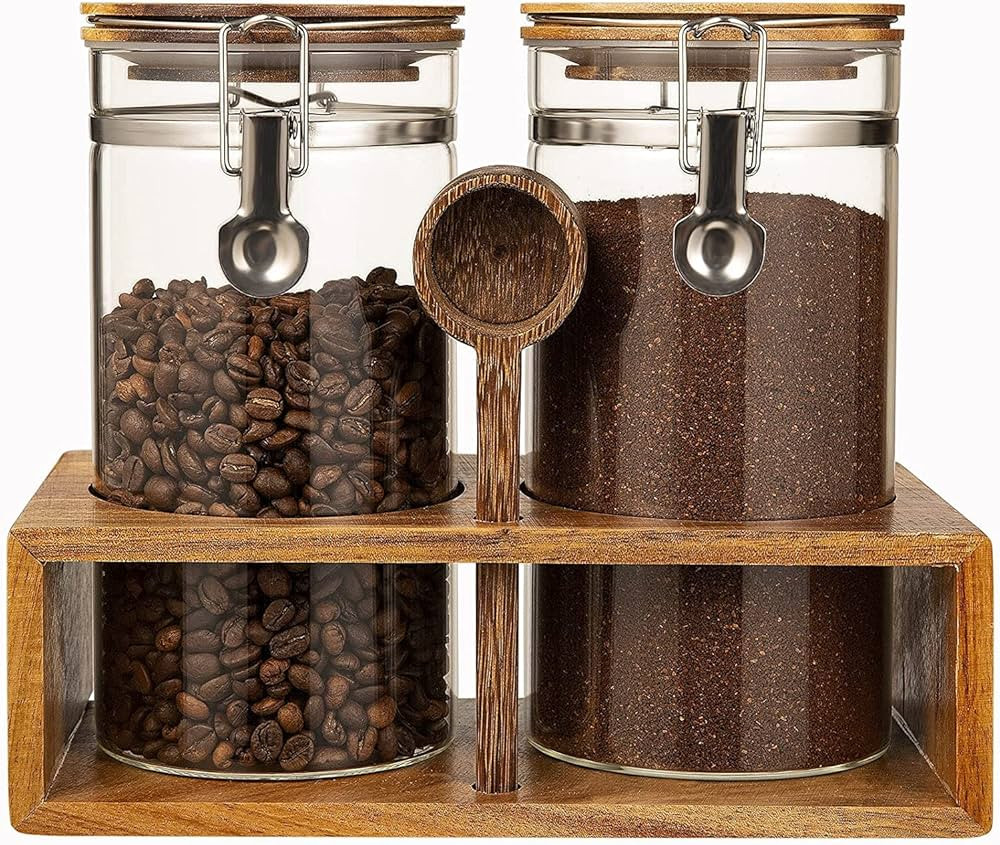 Yangbaga Glass Sugar Coffee Containers with Shelf, 2 x 45OZ Coffee Bean Canister Storage Station ... | Amazon (US)