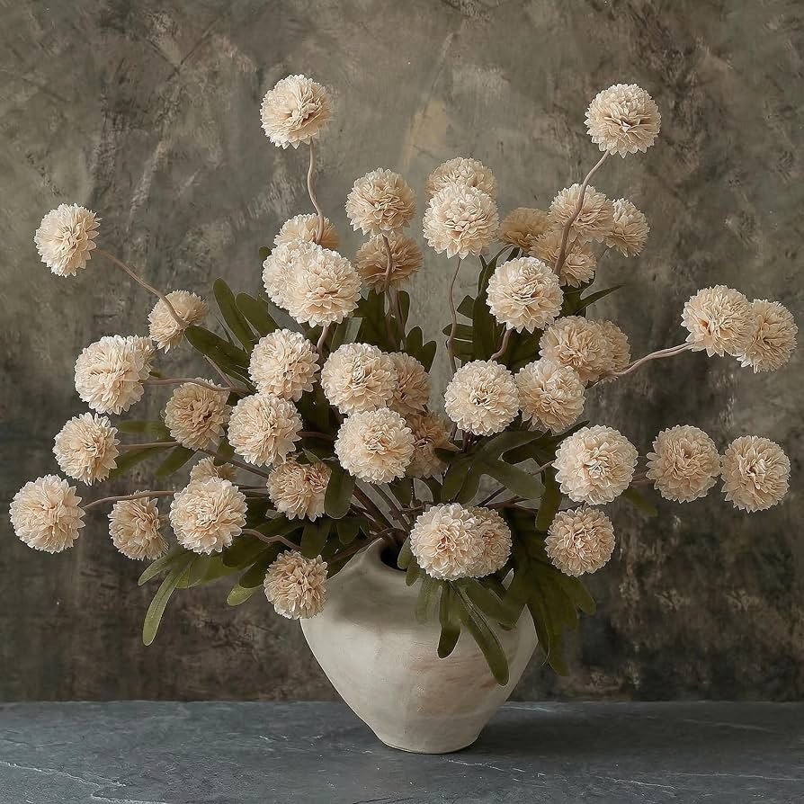 9pcs Beige Fake Flowers Silk Mini Mums with Stems, Faux Chrysanthemum Pompon Balls Artificial Flo... | Amazon (US)