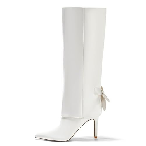 Pazzion Womens Retro Closed Pointy Toe Fold Over Knee High Boots Stiletto High Heel Partial Zippers Tall Boot Versatile Travel Outdoor Shoes Size 9.5 White | Amazon (US)