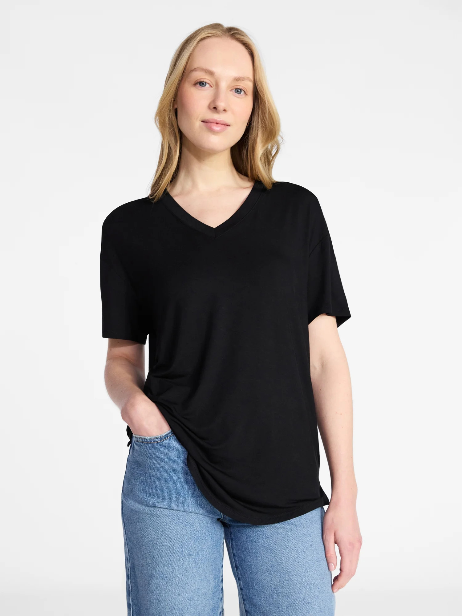 Time and Tru Women's V-Neck Tunic Tee with Short Sleeves, Sizes XS-XXXL | Walmart (US)