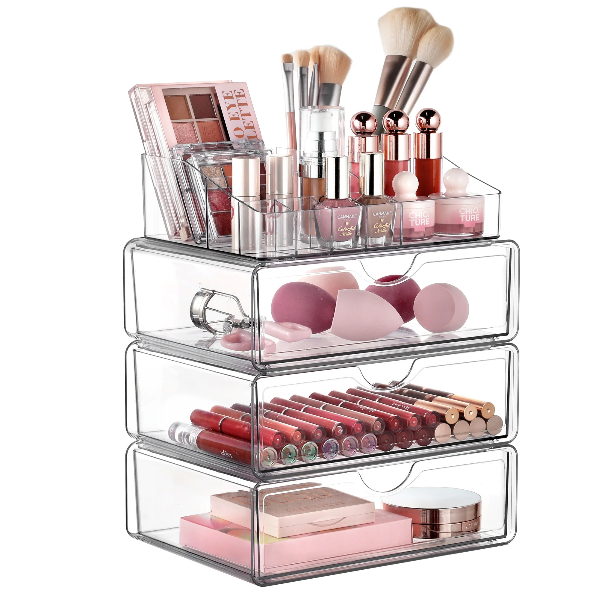 Vtopmart 4 Tier Clear Makeup Organizer with Drawer, Plastic Cosmetic Storage, Beauty Holder | Walmart (US)