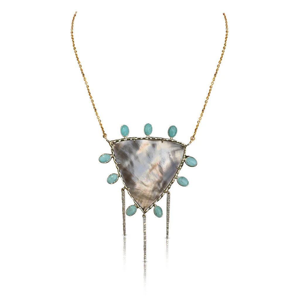 14k Mother of Pearl Shield and Turquoise Diamond Spike Necklace | S. Carter Designs