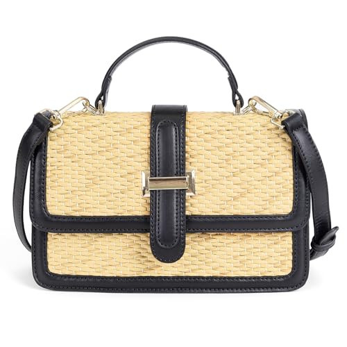 boshiho Women's Straw Crossbody Shoulder Bag Woven Raffia-Style Beach Purse Top Handle Satchel Handbag for Summer Vacation (Beige-Black) | Amazon (US)