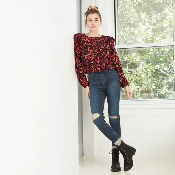 Women's Floral Print Long Sleeve Ruffle Blouse - Wild Fable™ Blue | Target