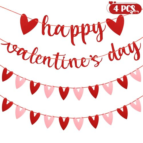 4PCS Valentines Garland, 20 Red Hearts Happy Valentines Day Banner, Profiled Heart Valentines Banner, Pink Valentines Home Decor Felt Heart Banner Adjustable Felt Heart Garland for Ceiling Window | Amazon (US)