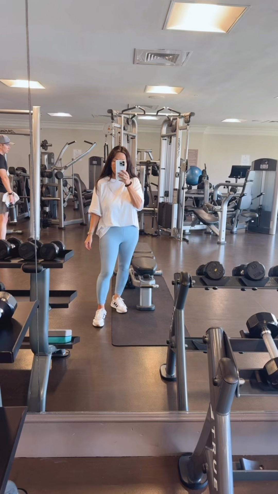 Casual everyday outfit idea featuring chambray leggings, oversized white tshirt and comfy Adidas sneakers — an easy athleisure inspired look that works for errands, travel days, coffee runs, or casual weekends. These are some of my most worn wardrobe basics because they mix and match with everything and are comfortable enough for all day wear. I linked the exact pieces along with a few similar options in case your size is sold out. Follow me on LTK for daily fashion, home decor, and affordable finds.

#LTKfitnessgoals #LTKActive #LTKootd