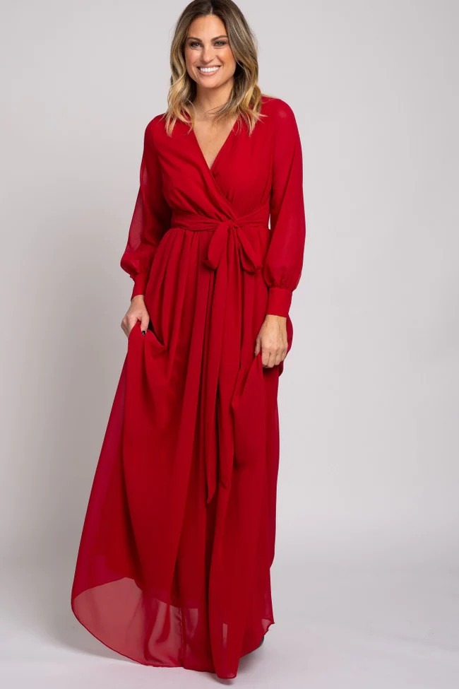 Red Chiffon Long Sleeve Pleated Maxi Dress | PinkBlush Maternity