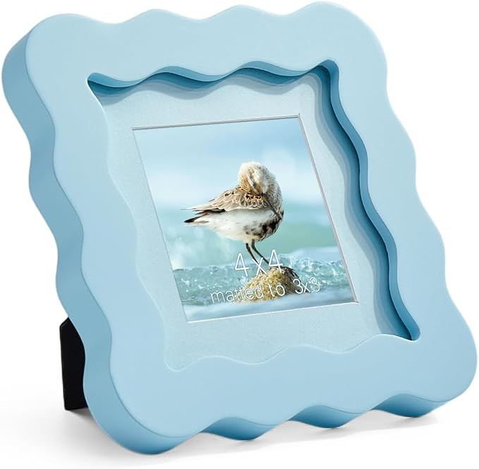 4x4 Blue Picture Frame with Mat for 3x3, Curved Wavy Edge Deco Wooden Real Glass, Vertical or Hor... | Amazon (US)