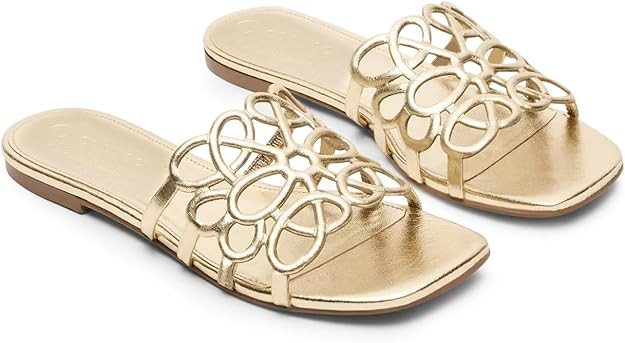 Coutgo Womens Flat Sandals Comfortable Square Open Toe Slides Slip On Summer Dressy Beach Shoes | Amazon (US)