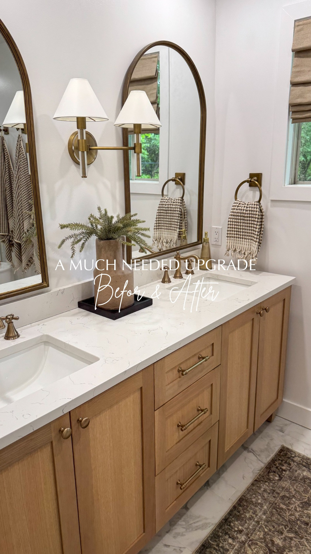 A much needed upgrade👌🏼

Vanity-72” White Oak
Wall colour-Benjamin Moore Chantilly Lace
Fixtures finish-Champagne Bronze
Tile-Marble look porcelain 

#bathroom #beforeandafter #primarybathroom #beforeandafterhomeedition #homeinspo

#LTKhome