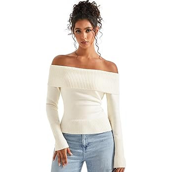 SUUKSESS Women Off Shoulder Sweaters Long Sleeve Ribbed Knit Going Out Fall Tops Blouse | Amazon (US)