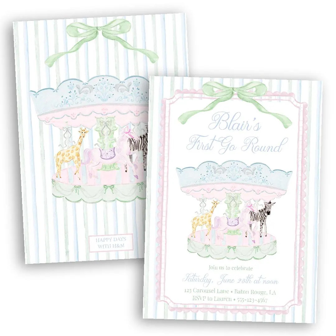 Pastel Animals Carousel Birthday Invitation | First Go Round | Watercolor | Girl | Grandmillennia... | Etsy (US)