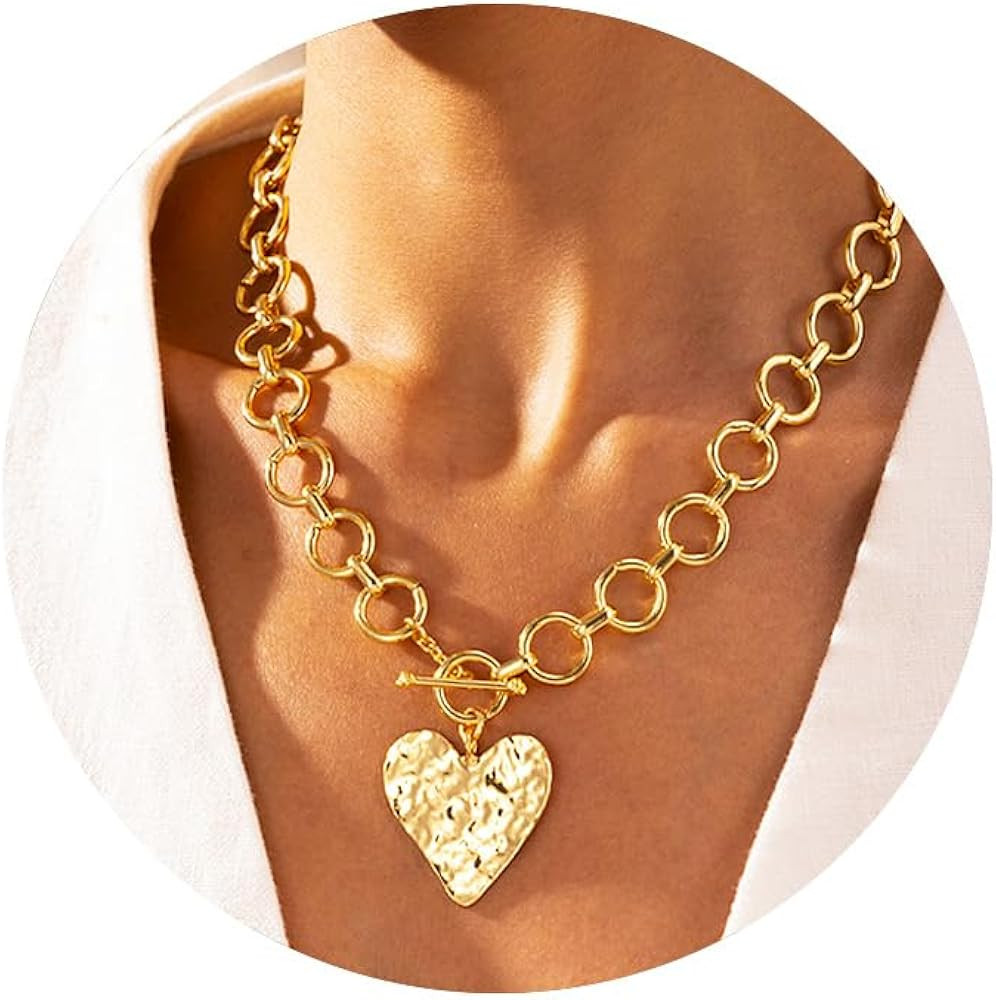 Robaice Chunky Gold Heart Necklace for Women，14K Gold Plated Puffy Heart Pendant Bold Chain Nec... | Amazon (US)
