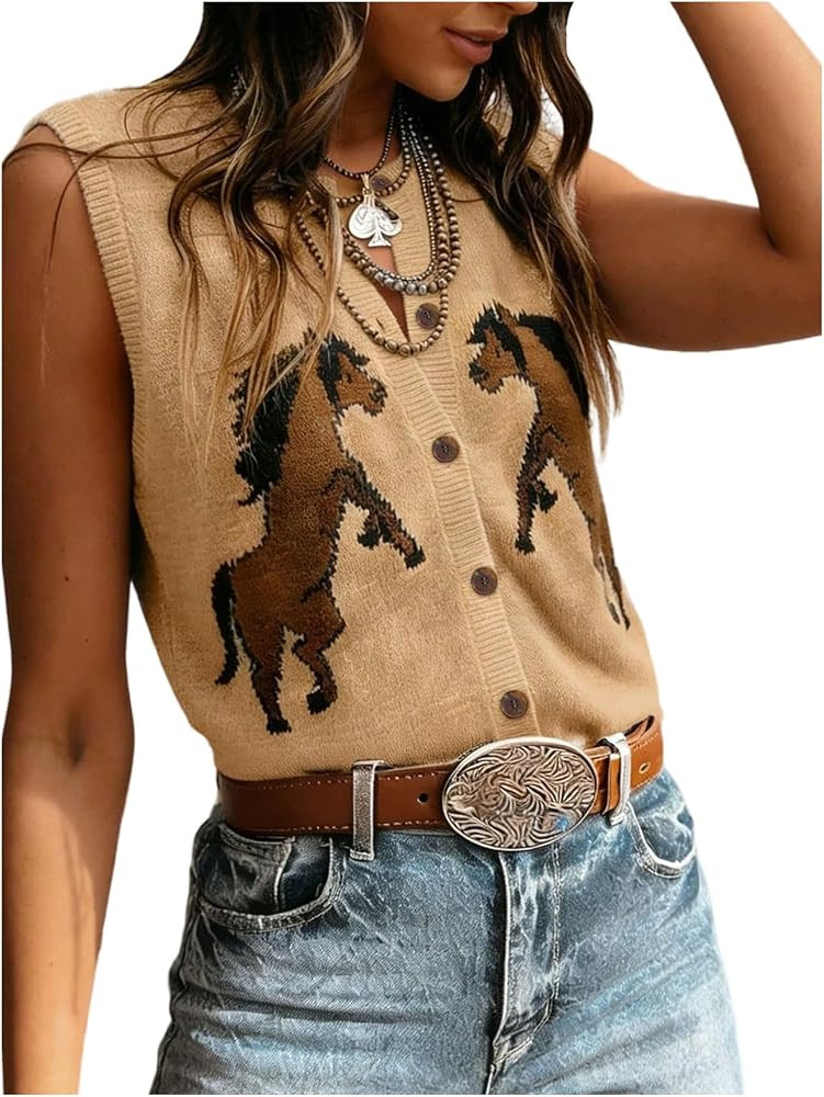 GORGLITTER Women's Horse Western Sweater Vest Button Up Knit Tank Top | Amazon (US)