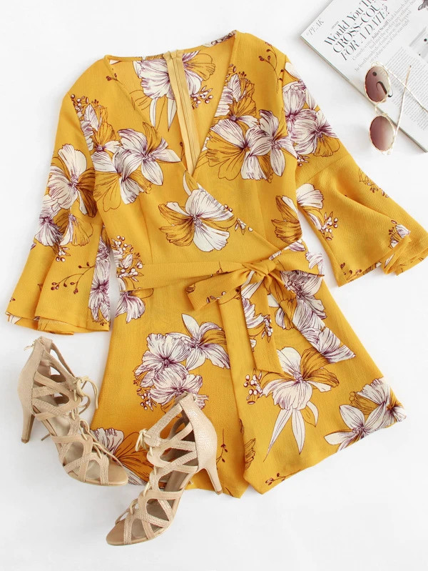 Fluted Sleeve Floral Print Self Tie Waist Romper | SHEIN