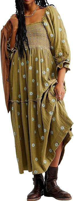 RZDYSQ Women Puff Sleeve Embroidered Maxi Dress, Square Neck Floral Flowy Long Dress V Neck Flower Tiered Casual Dresses (Green,Medium) | Amazon (US)