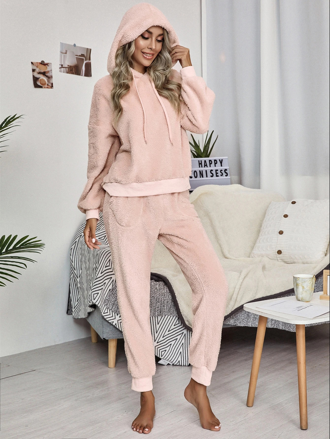 Drop Shoulder Drawstring Teddy Hoodie & Sweatpants | SHEIN