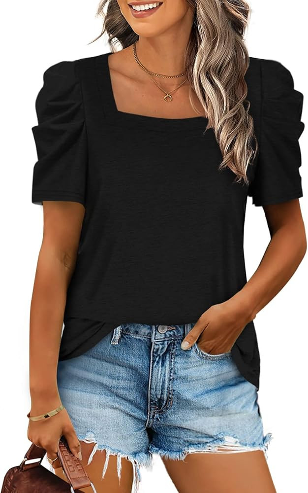 XIEERDUO Womens Summer Shirt V Neck Casual Tshirts Puff Sleeve Tops for Women Solid Color XS-3XL | Amazon (US)