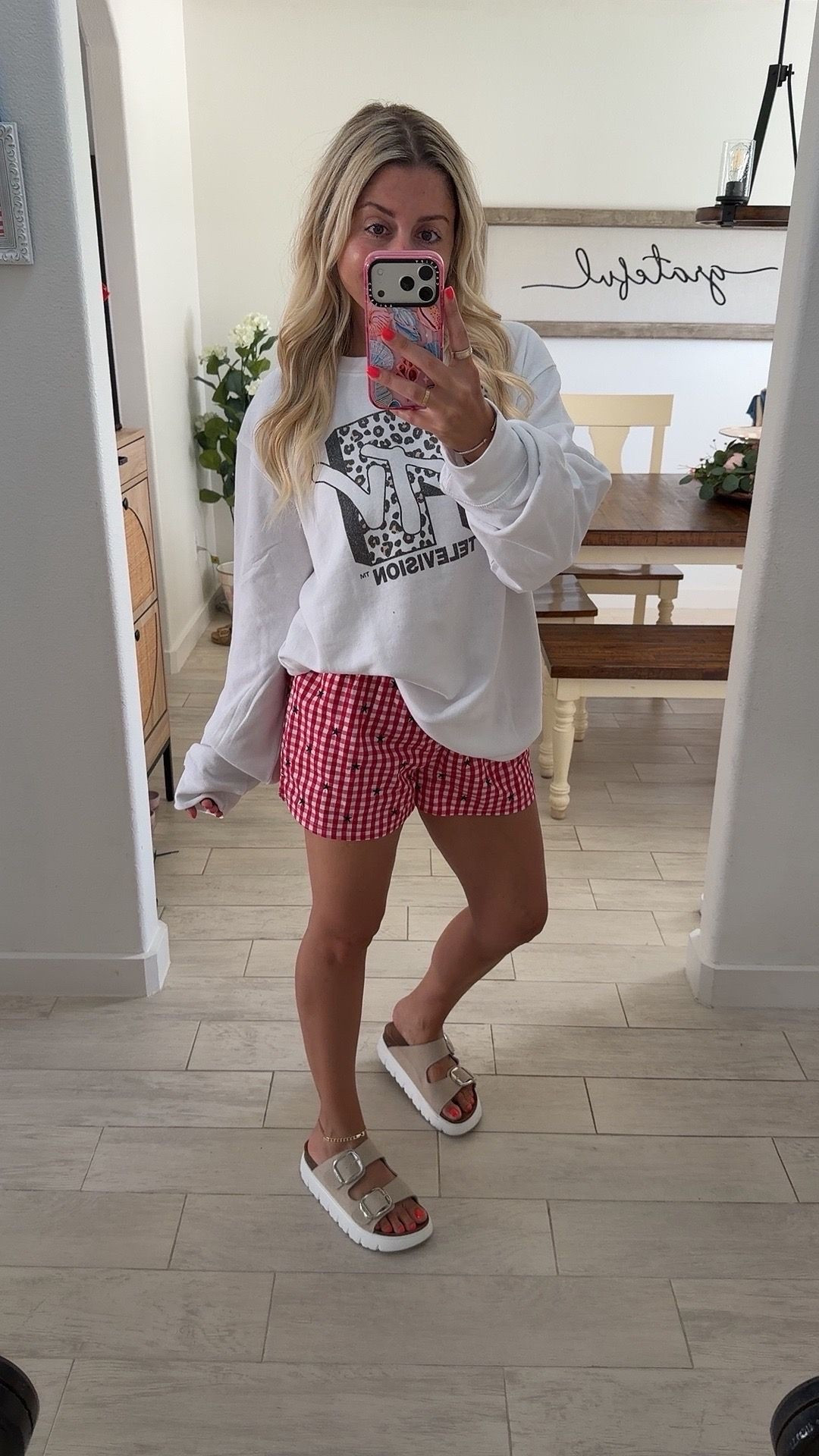 Comfy cute outfit! 
Large mtv sweater 
Small Boxer 
Sandals tts