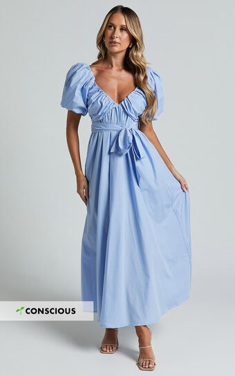 Corrie Midi Dress - Puff Sleeve V Neck Tie Front Flare Dress in Blue | Showpo (US, UK & Europe)
