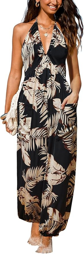 CUPSHE Women's Plunge Halter Sleeveless Pleated Long Romper Knit Jogger Maxi Jumpsuit with Pocket... | Amazon (US)