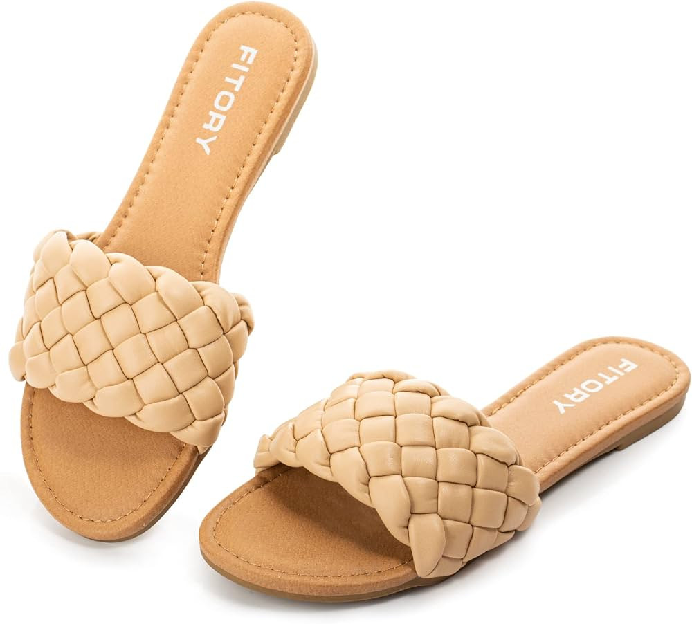 Womens Flat Sandals Fashion Round Open Toe Slip On Slides with Braided Strap Slippers for Summer ... | Amazon (US)