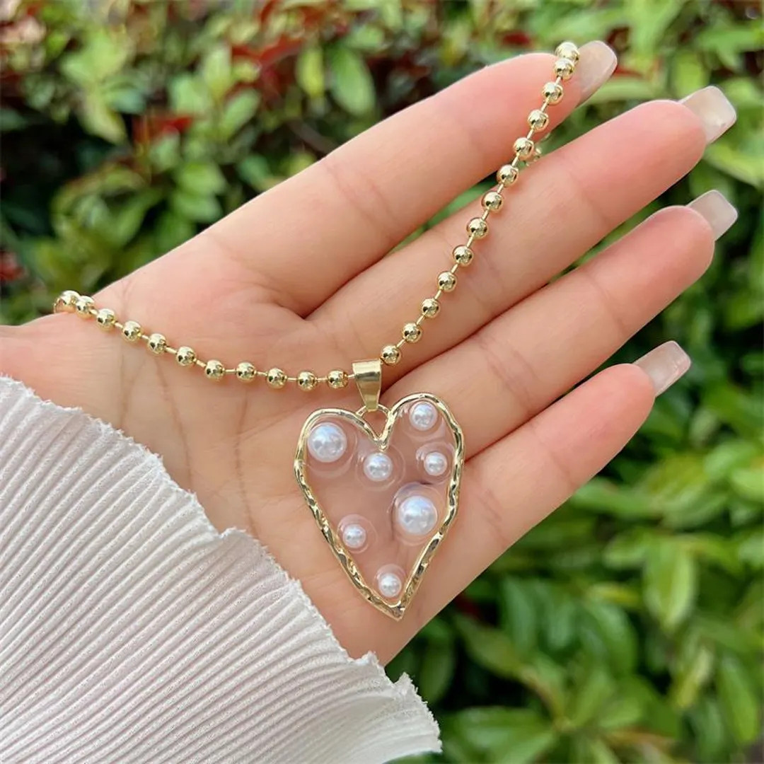 Gold Heart Pendant Necklace With Pearls – 18K Gold Plated Hollow Heart Necklace, Dainty Love Je... | Etsy (US)