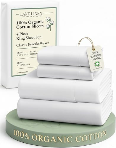 LANE LINEN 100% Organic Cotton King Size Sheets Set, Soft & Comfy All Season Breathable Sheets King Size, Percale Weave Fully Elasticized Eco Friendly Naturally Cooling King White Bed Sheets | Amazon (US)