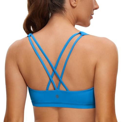 CRZ YOGA Women's Light Support Strappy Sports Bra - Low Cut Wirefree Padded Yoga Cami Criss Cross Back Madagascar Blue Medium | Amazon (US)