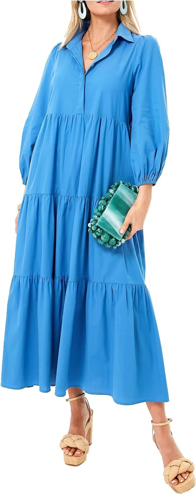Women Flowy Maxi Dresses Casual V Neck Smocked Tiered Babydoll Sundress Beach Long Skirt with Poc... | Amazon (US)