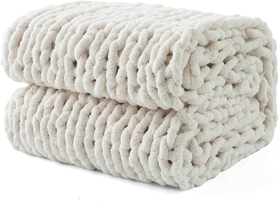 LONG CREATE Chunky Knit Throw Blanket 50"X 60", 100% Handmade with Soft Chenille Yarn, 4.4lbs Thi... | Amazon (US)