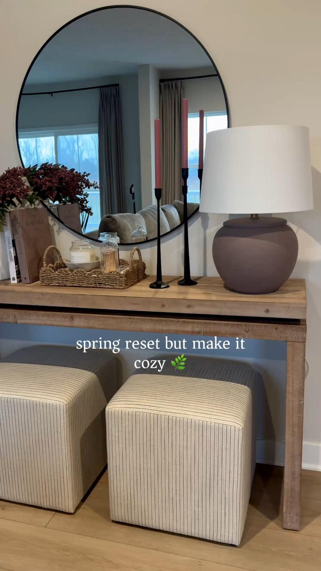 Spring console, summer console, berry stems, round mirror, wood console, black candlesticks, coffee table books, white vase, ottoman, scallop tray

#LTKSeasonal #LTKSaleAlert #LTKHome