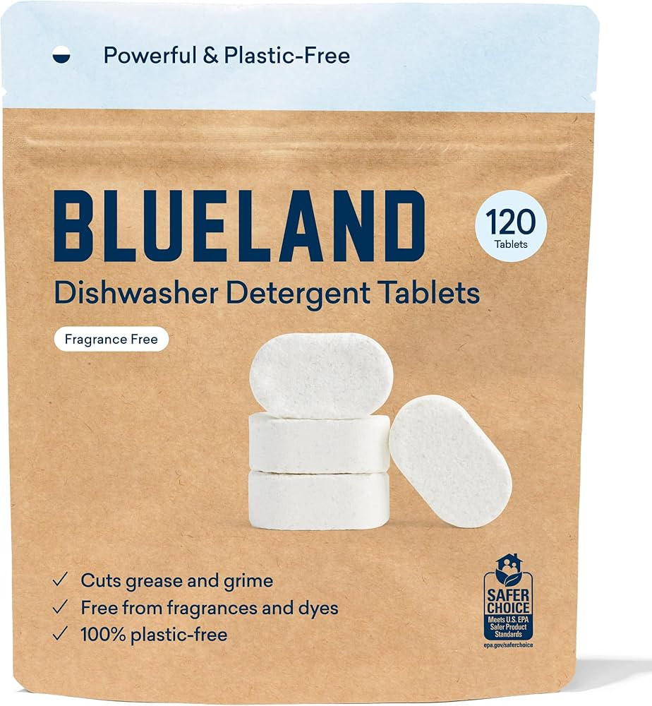 BLUELAND Plastic-Free Dishwasher Detergent Tablets, 120 Count, Unscented | Amazon (US)