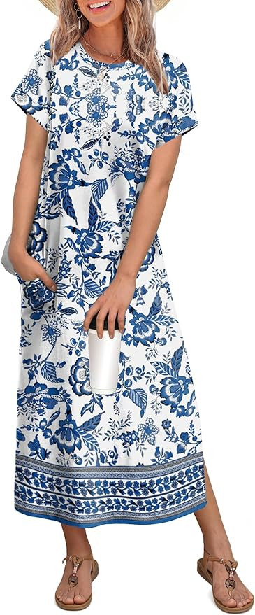 OFEEFAN Womens Maxi Dresses Casual Short Sleeve Long T Shirt Dress with Pockets Travel Vacation O... | Amazon (US)