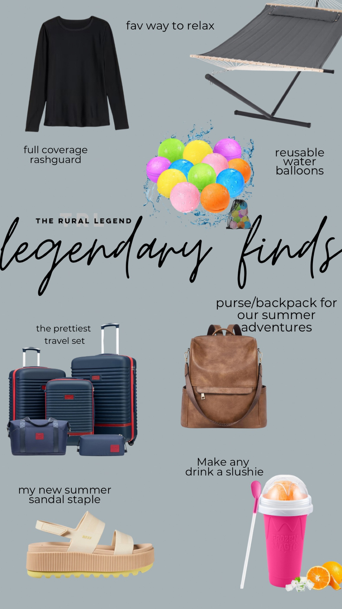 My summer essentials 
Hammock
Rashguard
Reusable water balloons
Sandals
Travel luggage set
Slushie cup

#LTKSeasonal #LTKSaleAlert #LTKFindsUnder50