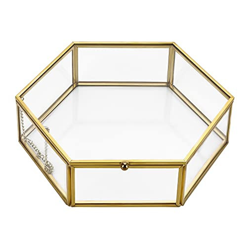 Hipiwe Glass Vintage Jewelry Box - Golden Geometric Jewelry Display Organizer Keepsake Box Case Home Decorative Box for Storage Trinket Ring Earring Chest (X-Large) | Amazon (US)