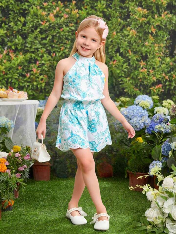 SHEIN Young Girl' Spring/Summer Halter Design Embroidered Hollow-Out Fabric Top & Embroidered Hem Shorts Set | SHEIN