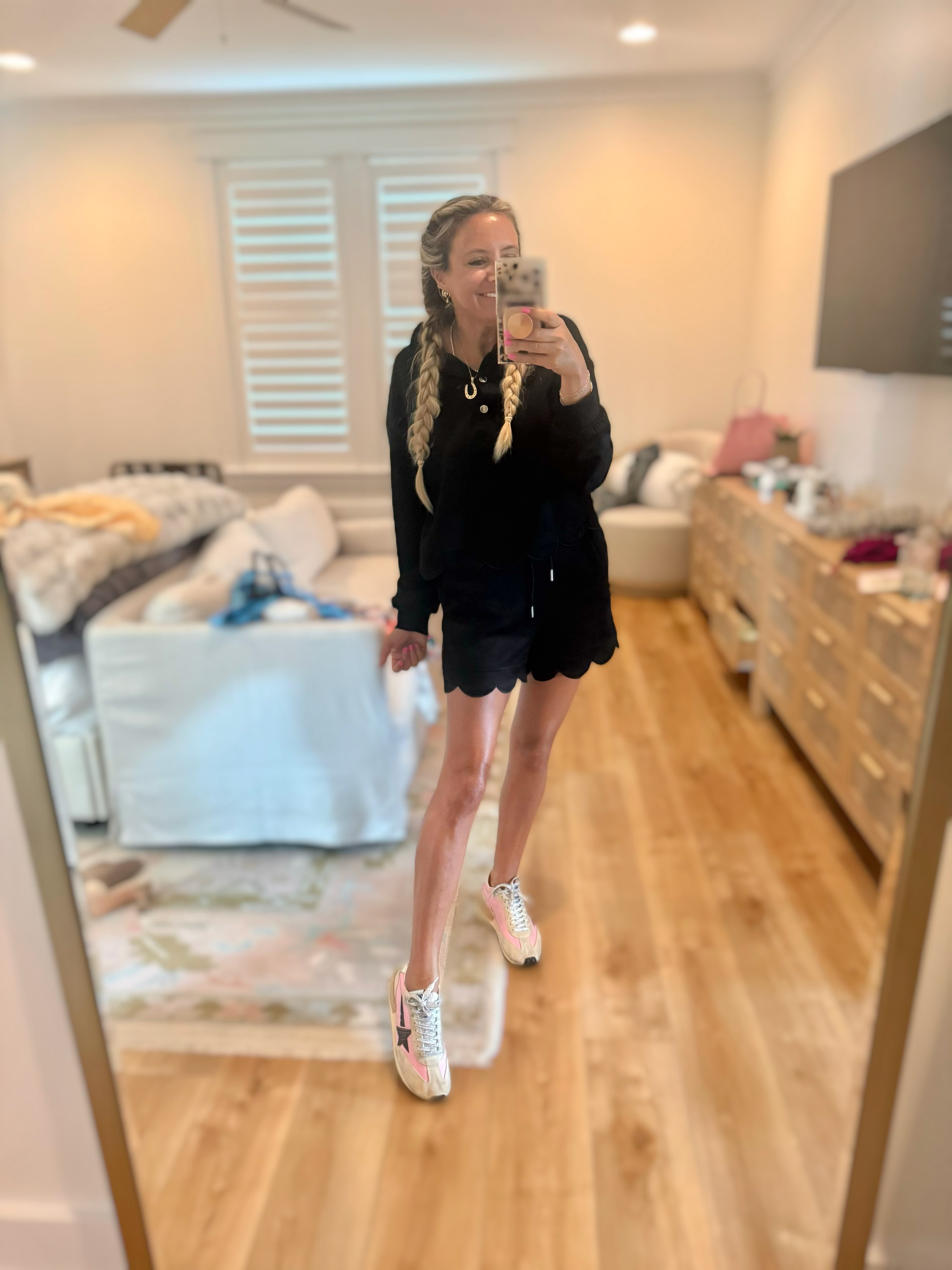 The easiest little black set for running around while still looking put together 🖤 The scalloped shorts make it feel extra cute, and I love it styled with pink sneakers and layered jewelry.
 

 #LTKdayinmylife #LTKgrwm #LTKootd