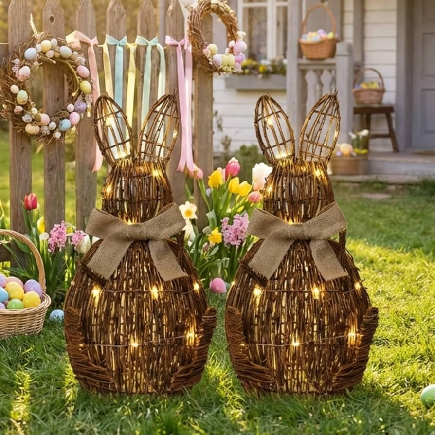 20 Inch Set of 2 Easter Rattan Bunny Decor Outdoor with LED Lights, Large Bunny with Bow Wicker S... | Amazon (US)