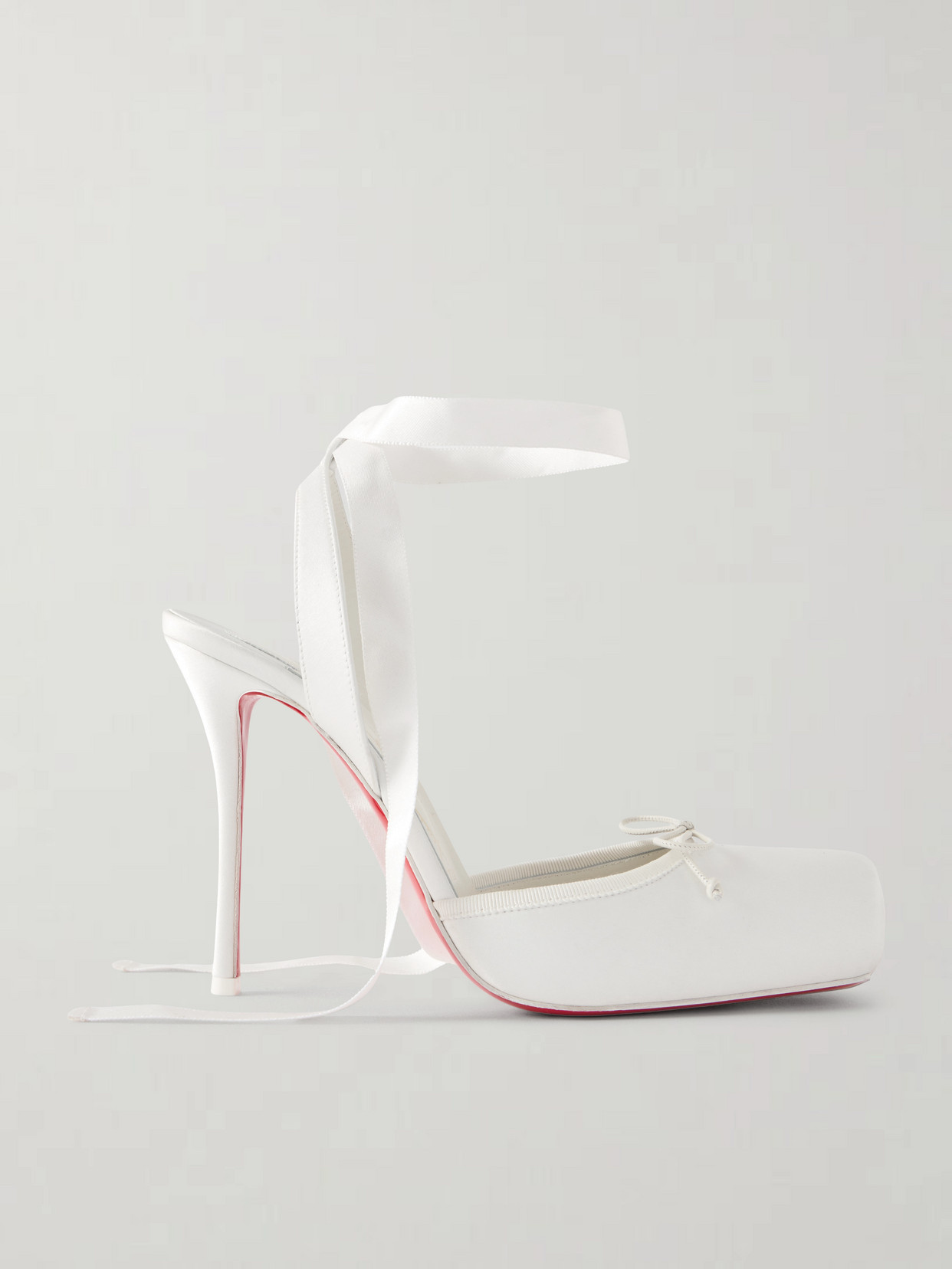 Christian Louboutin - Cassia Lace Up 100mm Crepe Satin Squared Toe Ballerina Pump - White | NET-A-PORTER (US)