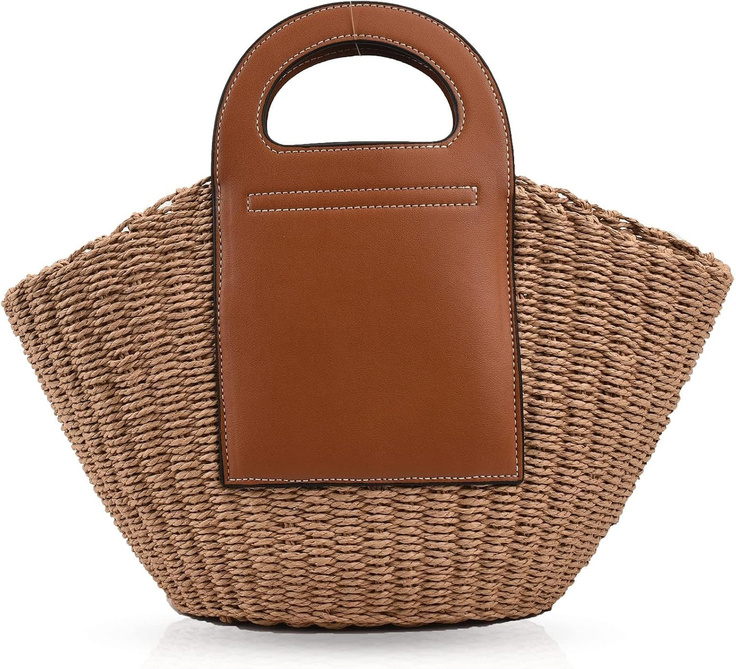 QTKJ Summer Beach Bag, Hand Made Straw Beach Bag Basket Leather Stitching Tote Bag, Large Capacity Designer Handbags for Vacation Travel Daily(Khaki) | Amazon (US)