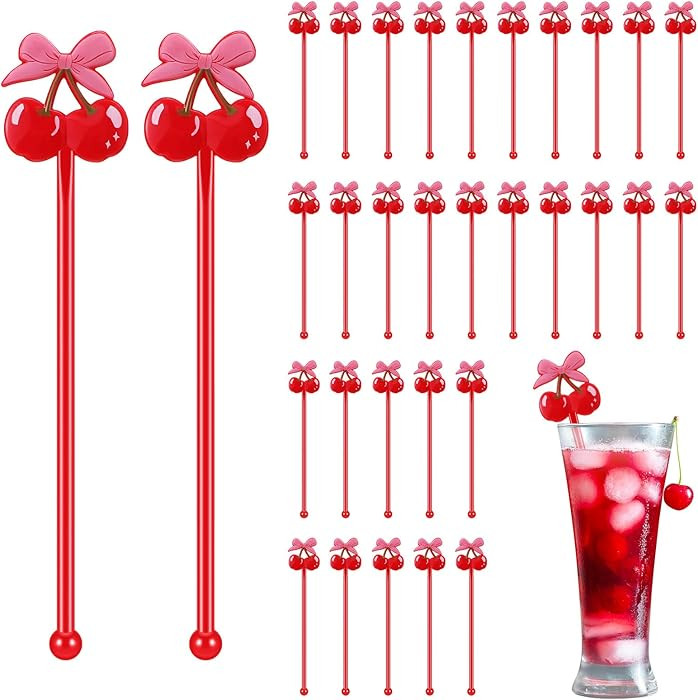 Reallnaive 30 Pcs Cherry Bow Drink Stirrers 6 Inch Pink Red Coquette Bow Swizzle Sticks Plastic P... | Amazon (US)