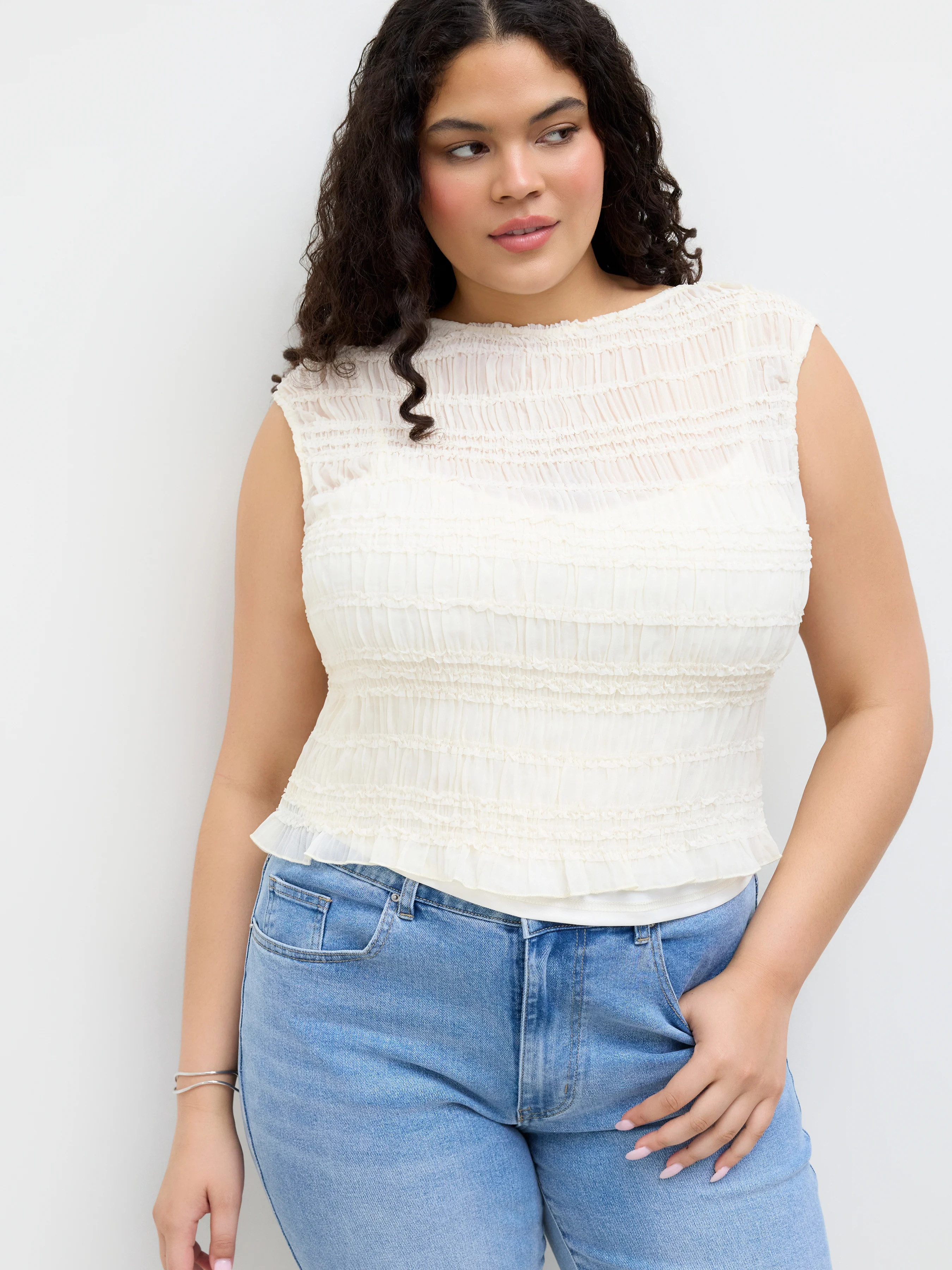 Woven Boat Neck Shirred Top & Cami Top Curve & Plus For Daily Casual | Cider