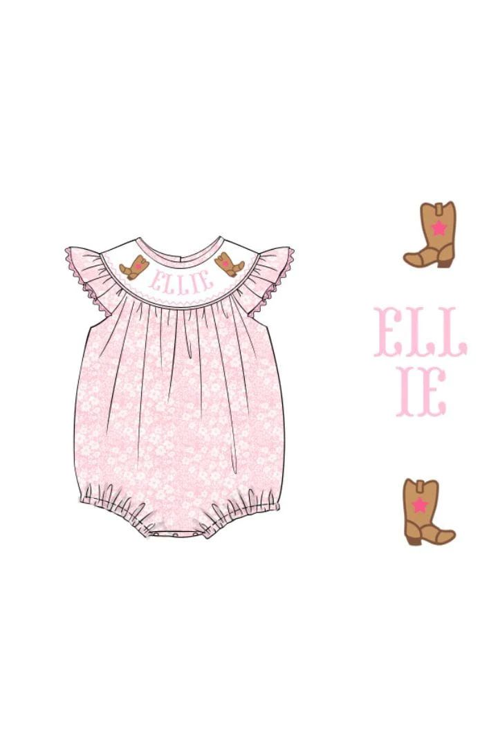 Pre-Order Hand Smocked Custom Name Pink Floral Cowgirl Bubble | The Smocked Flamingo