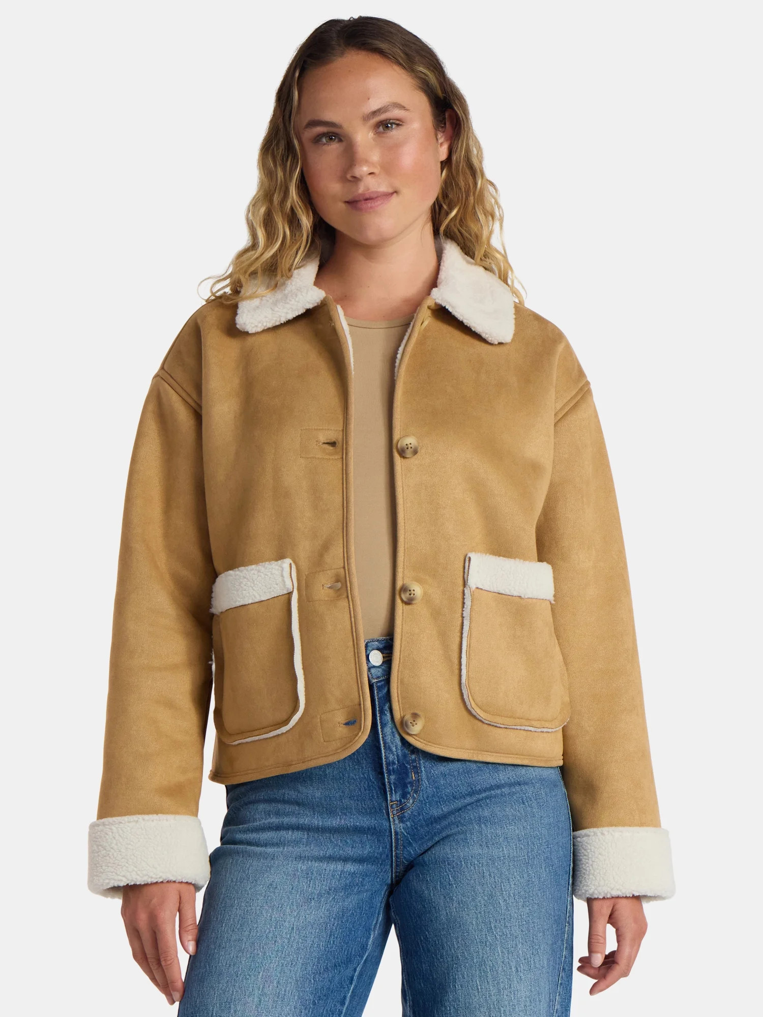 Time and Tru Women's and Women's Plus Bonded Faux Shearling Jacket, Sizes XS-2X | Walmart (US)