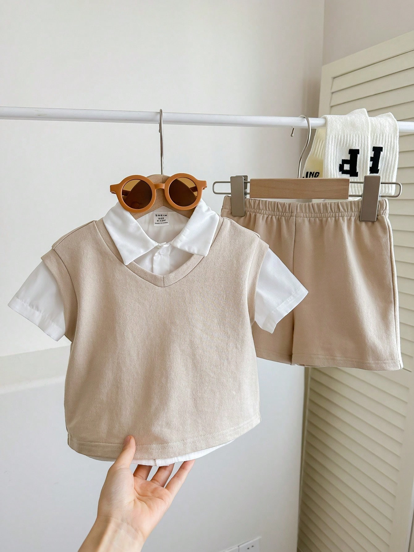 SHEIN Baby Boy's 3pcs/Set Apricot & White Color Casual Vest, Turn-Down Collar Short Sleeve Cardig... | SHEIN