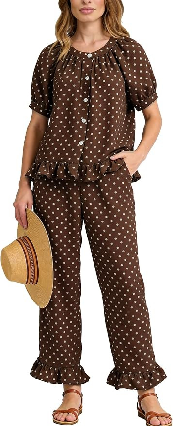 Flygo Womens Polka Dot Pajama Sets 2 Piece Short Puff Sleeve Button Down Lounge Set Soft Y2K Ruff... | Amazon (US)