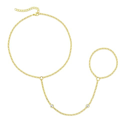Gokeey Dainty Gold Ring Hand Chain Cubic Zirconia Bracelet Trendy 14K Gold Plated Hand Chains Bracelet for Women Simple Body Jewelry Set Trendy Birthday Gift | Amazon (US)