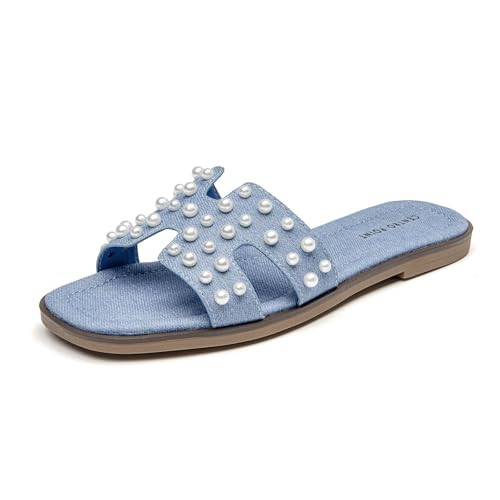 CentroPoint Women's Pearl Flat Sandals Square Toe Slides Slip On Casual Summer Shoes(Denim PRL, Numeric_8.5) | Amazon (US)