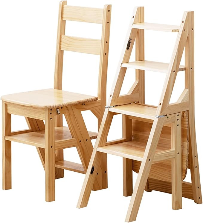 Solid Wood Folding Library Ladder Chair - 4-Step Stool Dual Purpose Stepladder - Climb Display St... | Amazon (US)